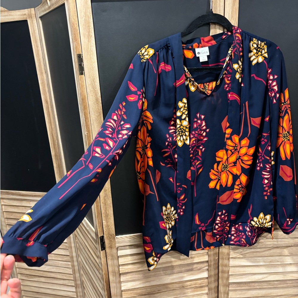 STYLUS Navy Floral Tie-Neck Blouse with Orange & Pink Blooms - Picture 5 of 5